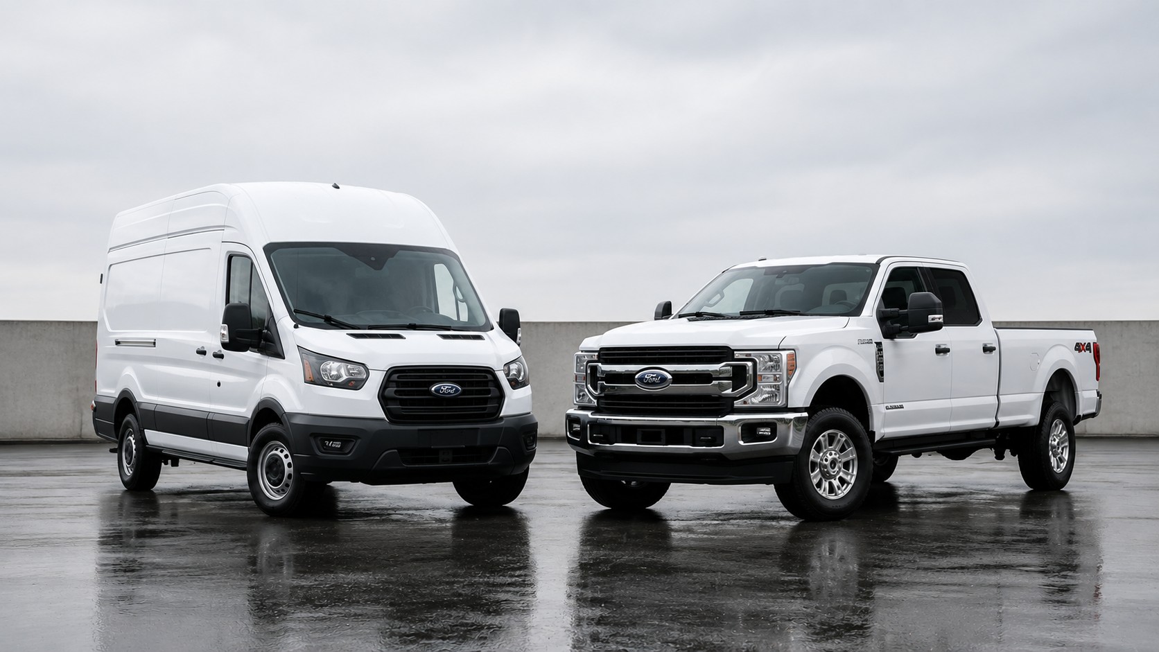 High-roof cargo van and a crew cab work truck